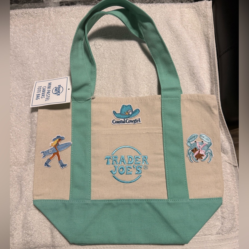 Trader Joe's Pastel Green ONE-SIDED Design Ocean Canvas Tote Bag